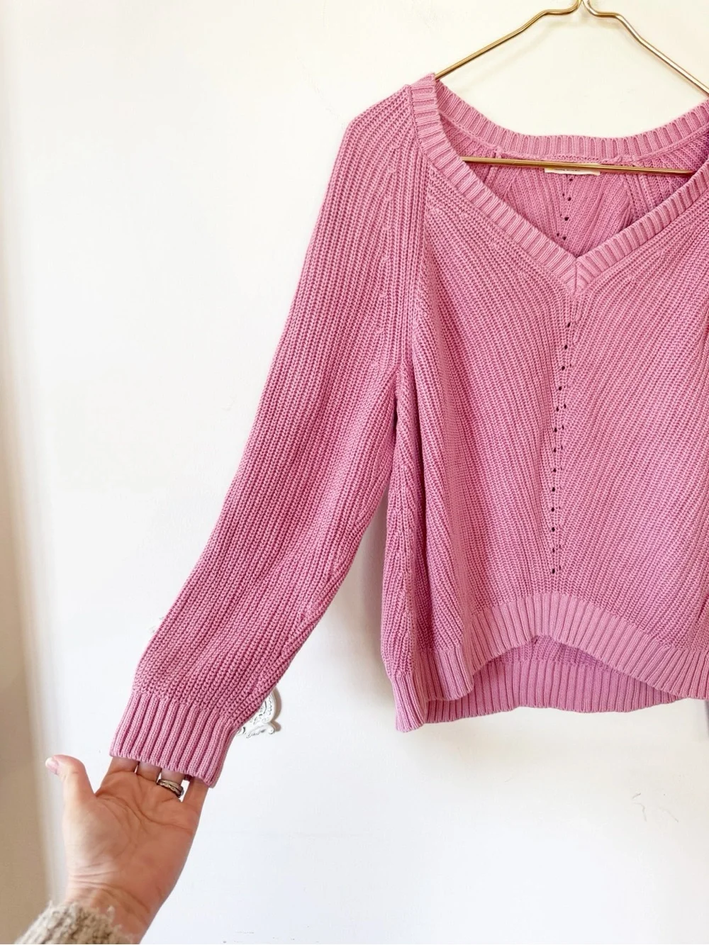 Marine Layer Ezra V-neck Ribbed Cotton Pink Sweater L